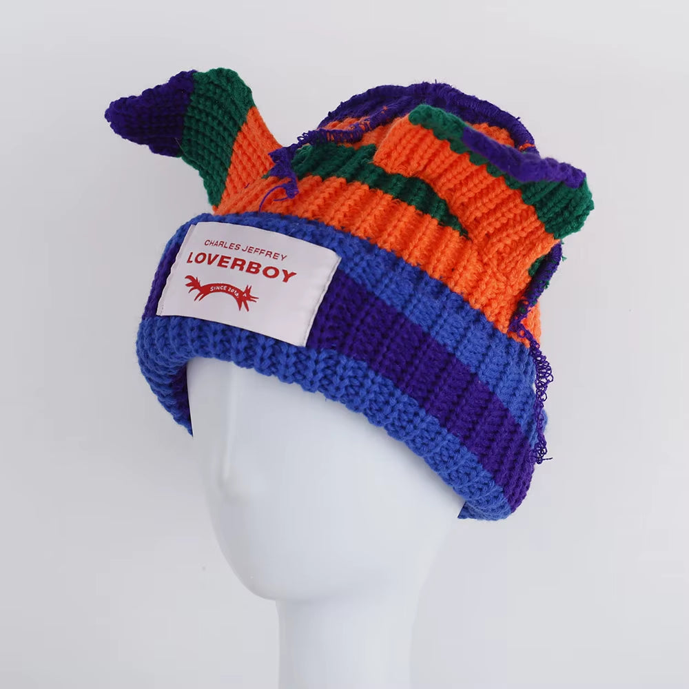 Loverboy Cat Ear Knit Hat Double-Layer Warm Pig Ear Woolen Hat Cute Fashion Hooded Cap Niche Design Hip-Hop Personality Cold Hat