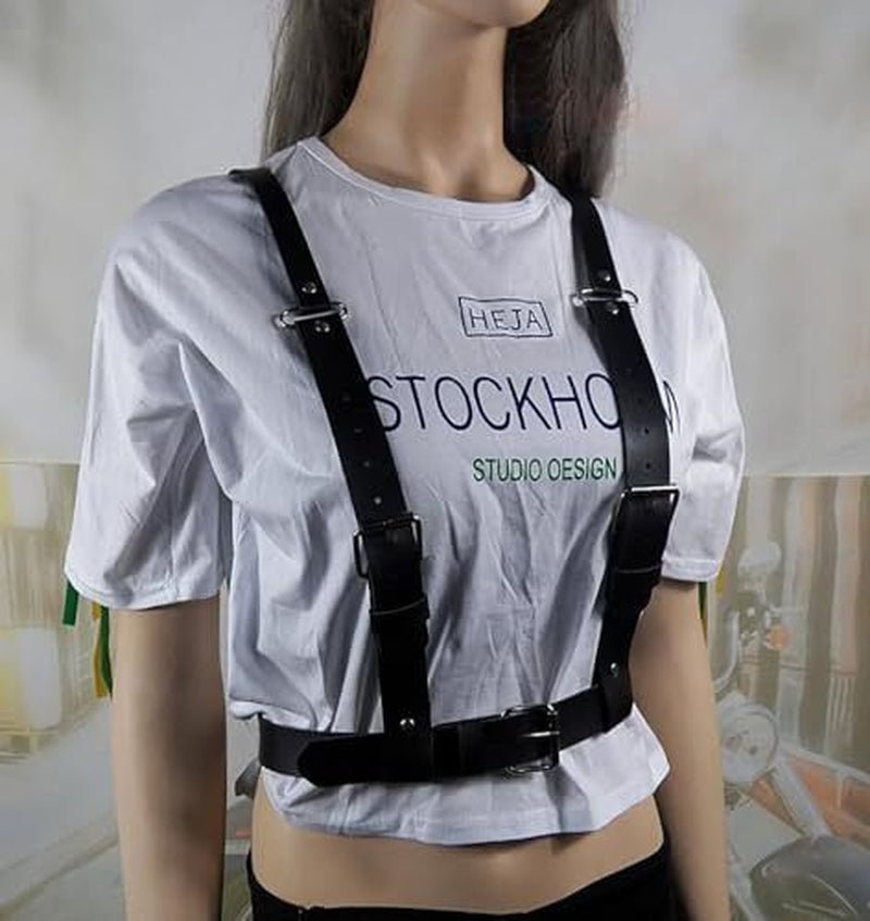 Black Goth Leather Harness Top for Women Punk Waist Belt Body Chain Adjustable