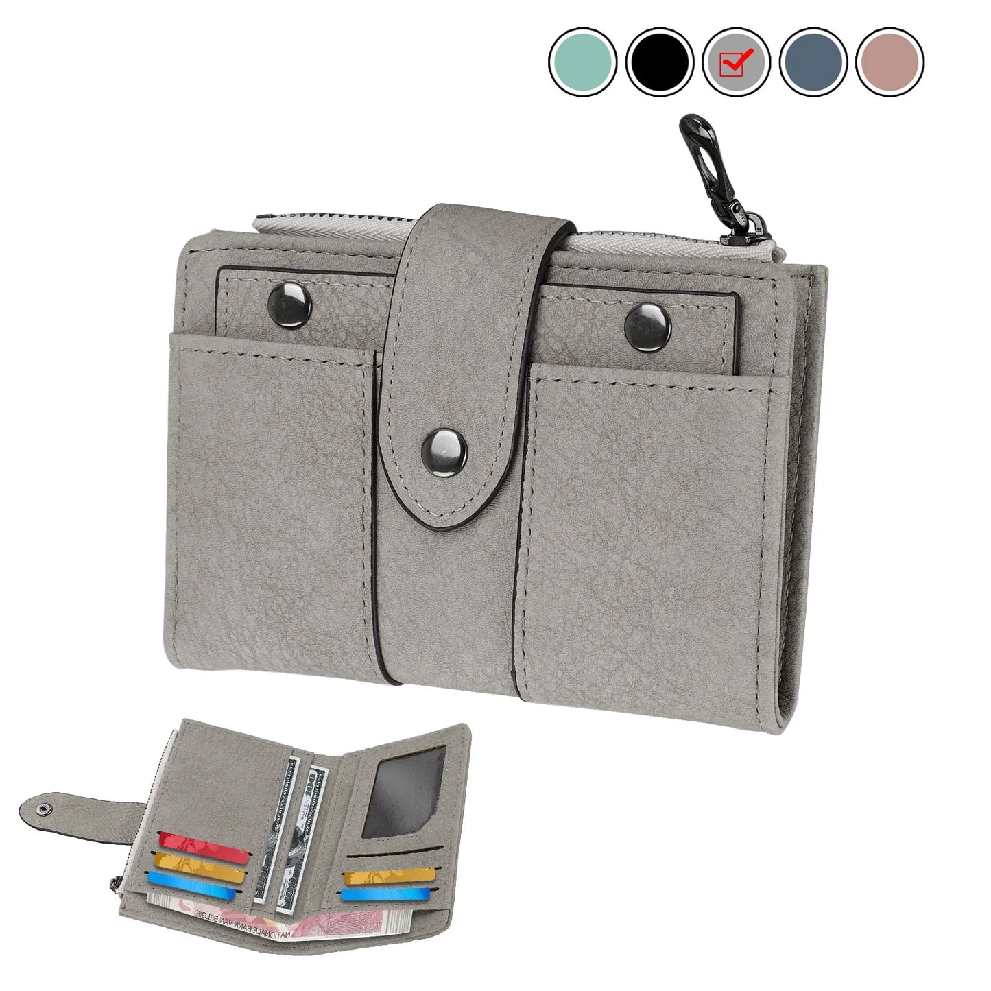 Small Leather Wallet for Women, Bifold Pocket Purse with Zipper Closure, RFID Blocking Card Holder with ID Window