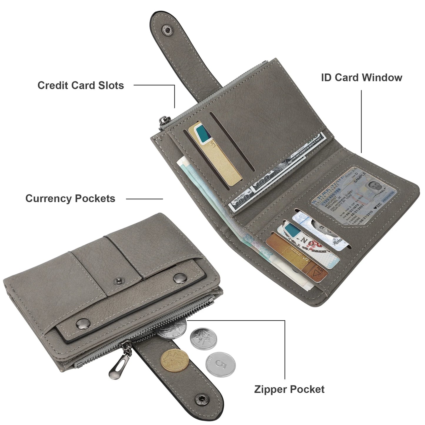 Small Leather Wallet for Women, Bifold Pocket Purse with Zipper Closure, RFID Blocking Card Holder with ID Window