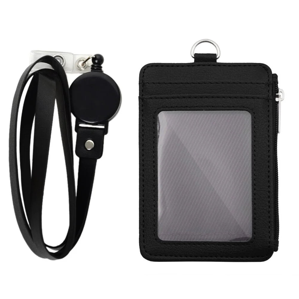 Badge Holder with Zip, Slim PU Leather ID Badge Card Wallet Case with 20" Neck Lanyard and Retractable Badge Reel-Black