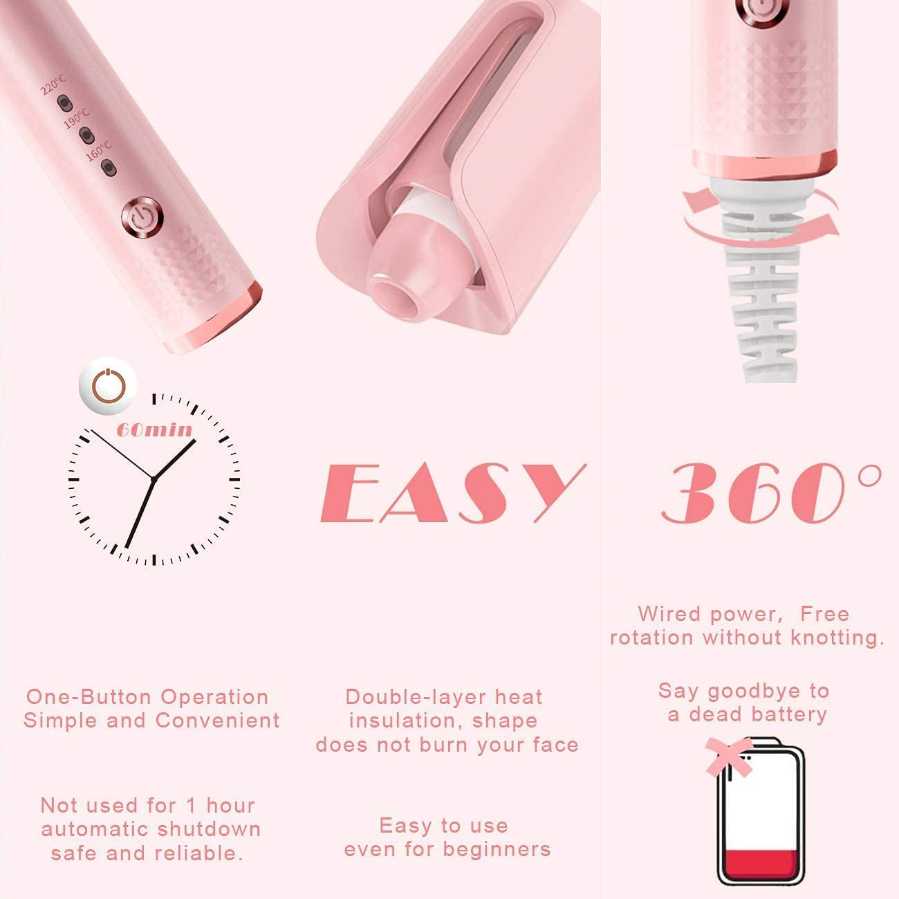 Professional Automatic Curling Iron with 1" Large Slot, Adjustable Temperature Settings, Dual Voltage, and Auto Shut-Off for Versatile Hair Styling (Pink)